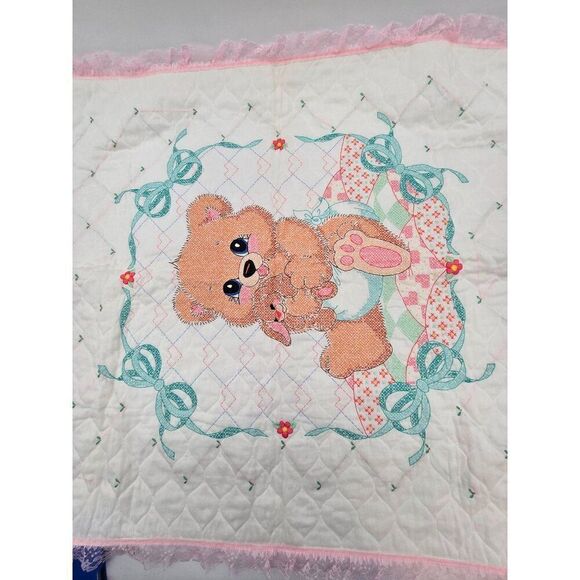 Handmade Embroidered Baby Quilt With Adorable Teddy Bear & Bunny Design - Picture 2 of 11